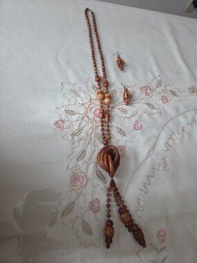 Vintage Wooden Beaded Necklace and Earrings